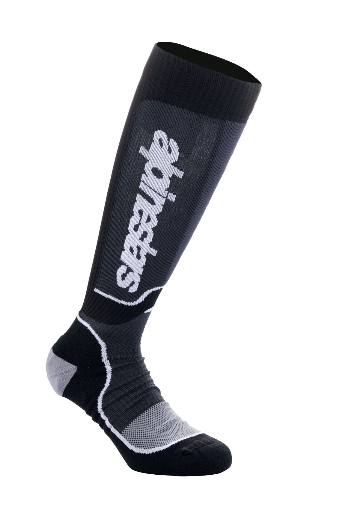 Alpinestars MX Plus sokken, motorcross kniesokken, zwart en grijs, wit logo, met geribbelde kuitondersteuning, verstevigde hiel en teen, en ademende mesh-voetzone, technisch prestatiegericht ontwerp voor off-road laarzen