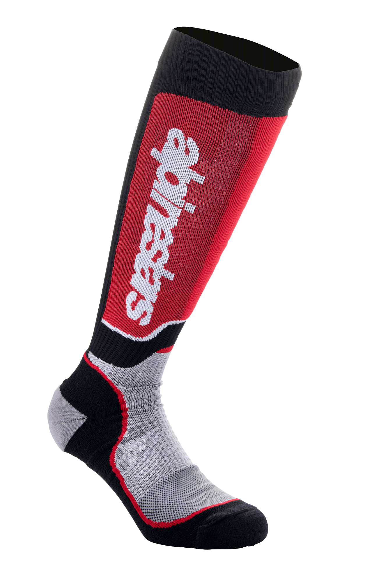Alpinestars MX Plus sokken, motorcross sokken, zwart, grijs en rood, met verticale witte Alpinestars-branding op een rood kuitpaneel, geribbelde performance-stof en versterkte hiel en teen.