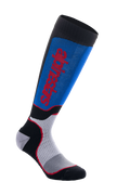Chaussettes Alpinestars MX Plus, chaussettes de motocross, noir, bleu roi et gris, avec logo Alpinestars rouge, texture côtelée extensible, zones de ventilation en mesh et rembourrage renforcé pour le confort tout-terrain