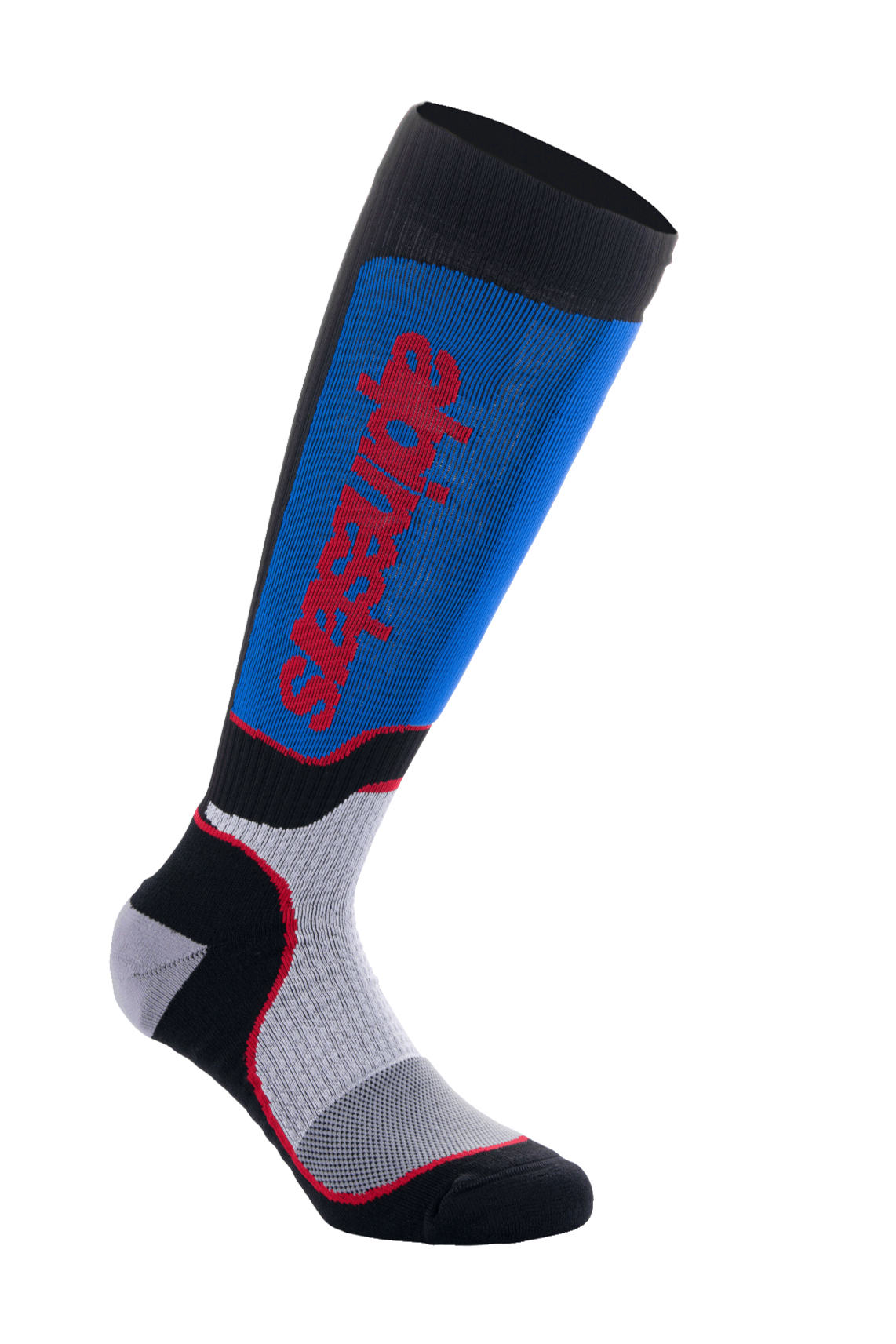 Alpinestars MX Plus sokken, motorcross sokken, zwart, blauw en grijs, met rode Alpinestars-branding, geribbelde textuur voor rekbaarheid, mesh-ventilatiezones en versterkte padding voor off-road comfort