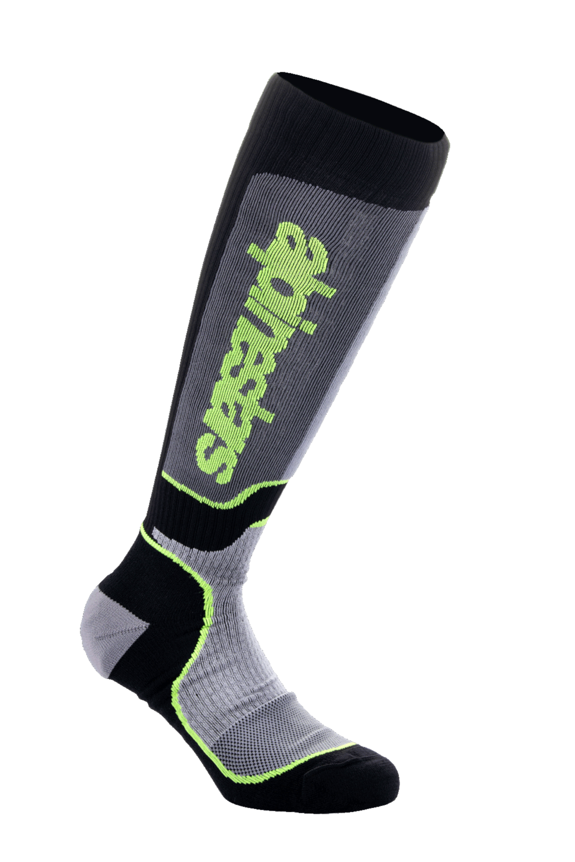 Alpinestars MX Plus sokken, kniehoge motorcross sokken, zwart, grijs en neongeel, met verticale Alpinestars-branding, geribbelde en mesh-texturen, technische rijuitrusting