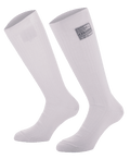 Alpinestars Race V4 Socken, weiße kniehohe Auto-Rennsocken, gerippte Nomex-Konstruktion mit FIA-Zertifizierungsetikett, feuerfestes Design für den professionellen Motorsport