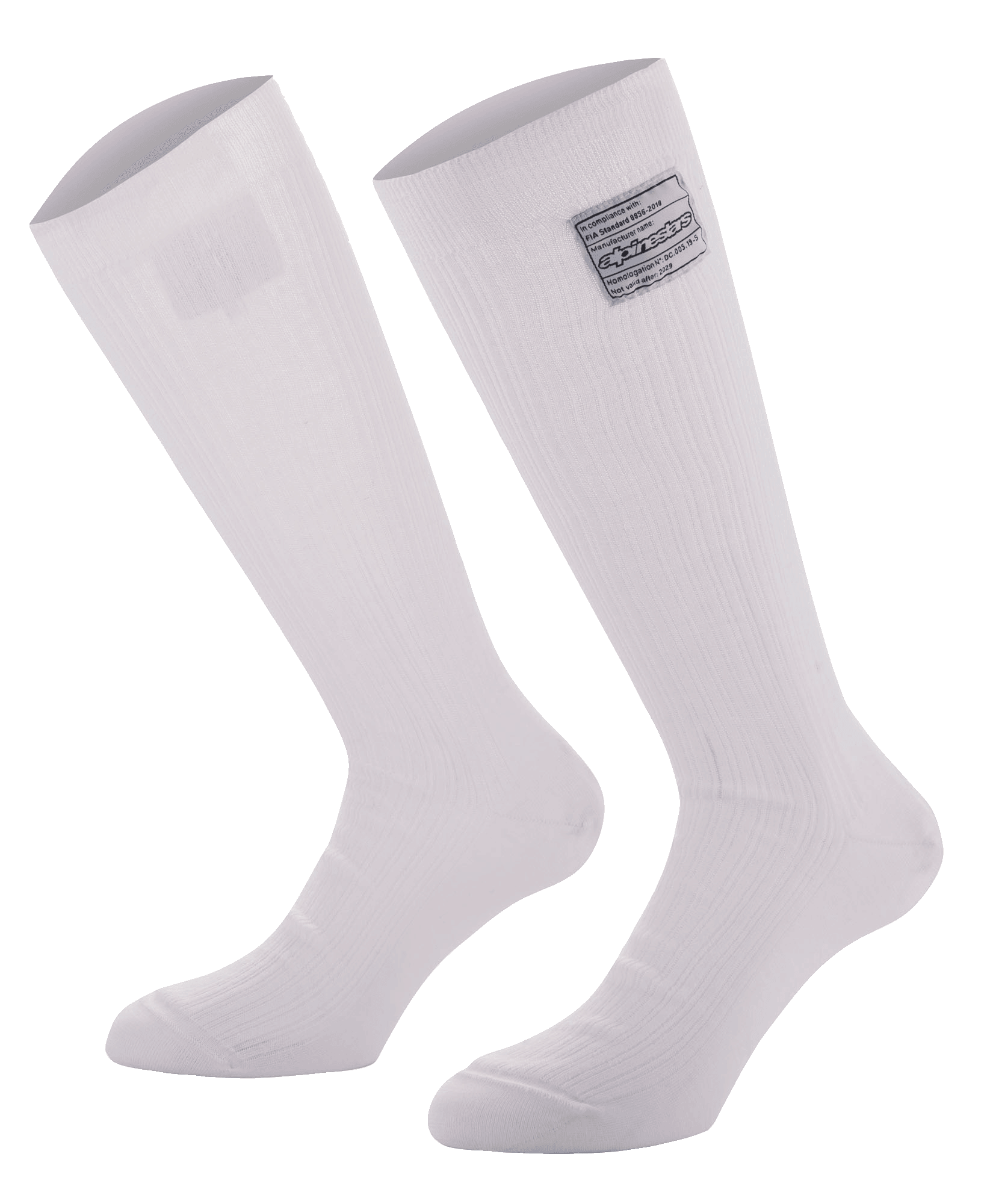 Alpinestars Race V4 Socken, weiße kniehohe Auto-Rennsocken, gerippte Nomex-Konstruktion mit FIA-Zertifizierungsetikett, feuerfestes Design für den professionellen Motorsport