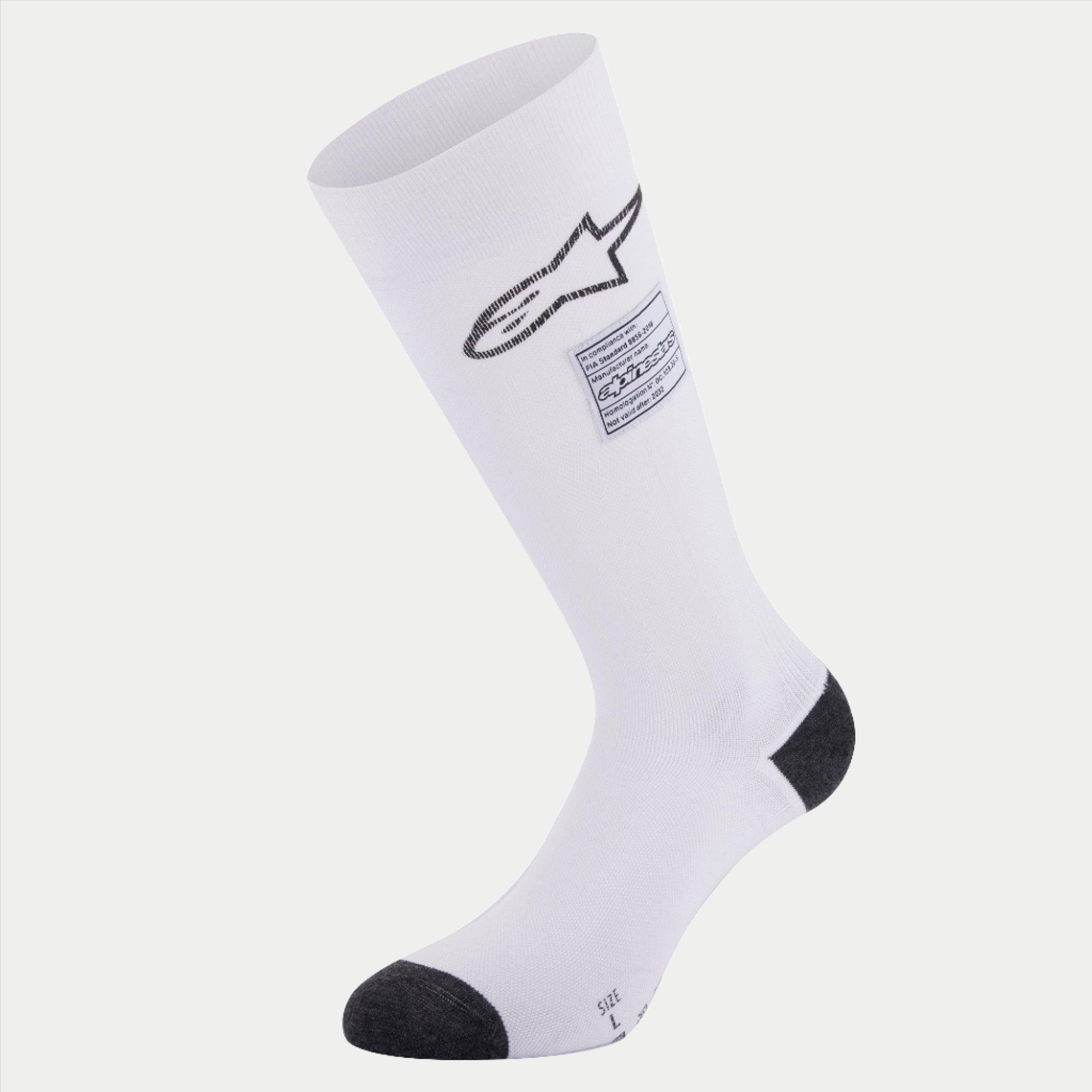 Alpinestars ZX V4 sokken, autoracesokken, wit met zwarte hiel- en teenaccenten, voorzien van zwart Alpinestars-logo en FIA-homologatielabel, naadloze technische basislaag voor de autosport
