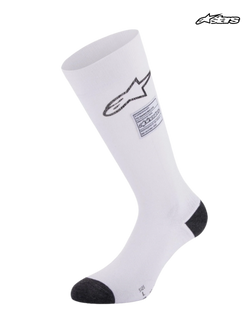 Alpinestars Chaussettes ZX V4, chaussettes de course auto ignifuges, blanches avec des détails noirs, certifiées FIA, construction sans couture en aramide avec compression progressive