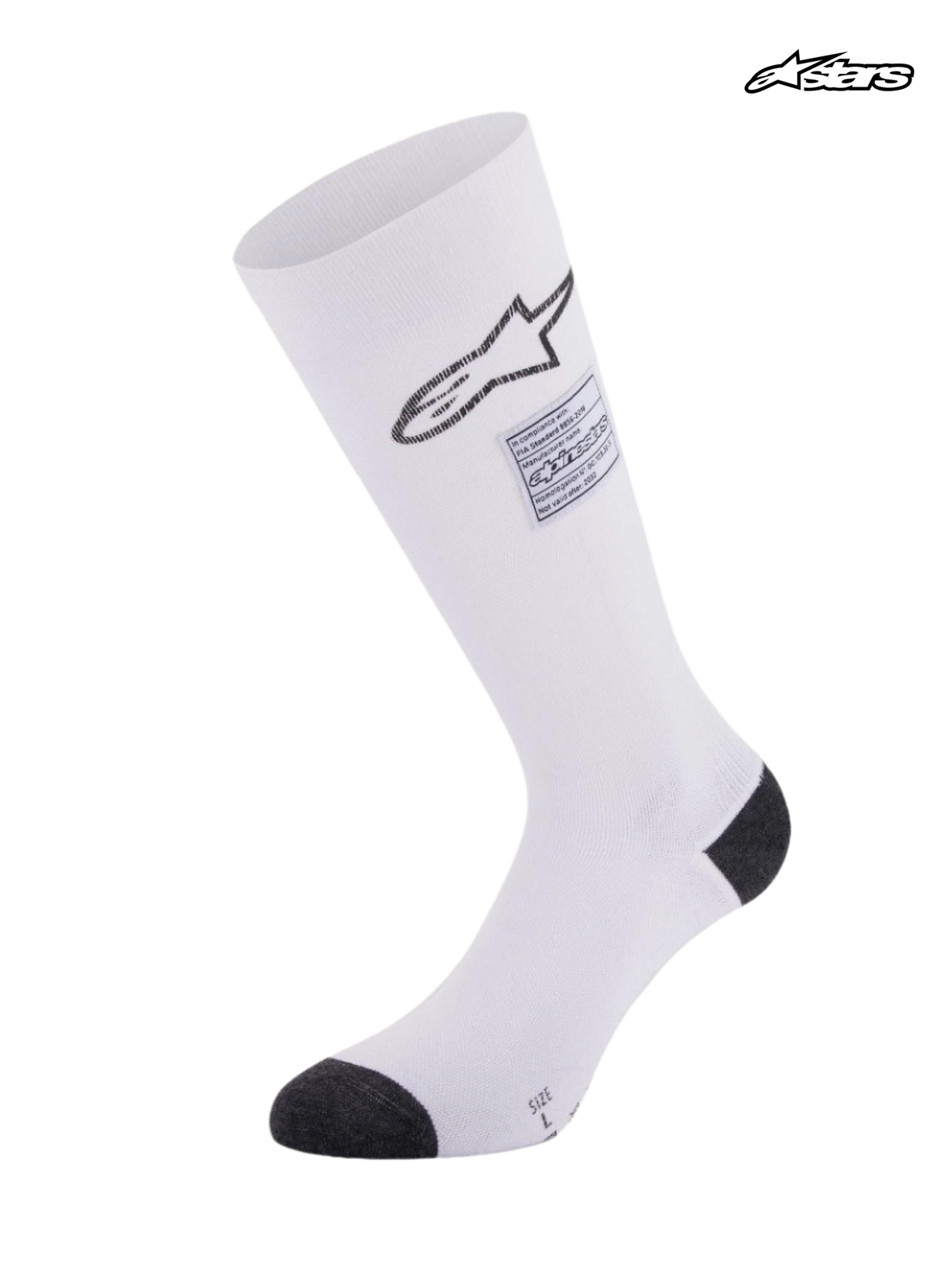 Alpinestars ZX V4 sokken, brandvertragende autosportsokken, wit met zwarte details, FIA-gecertificeerd, naadloze aramidische constructie met geleidelijke compressie