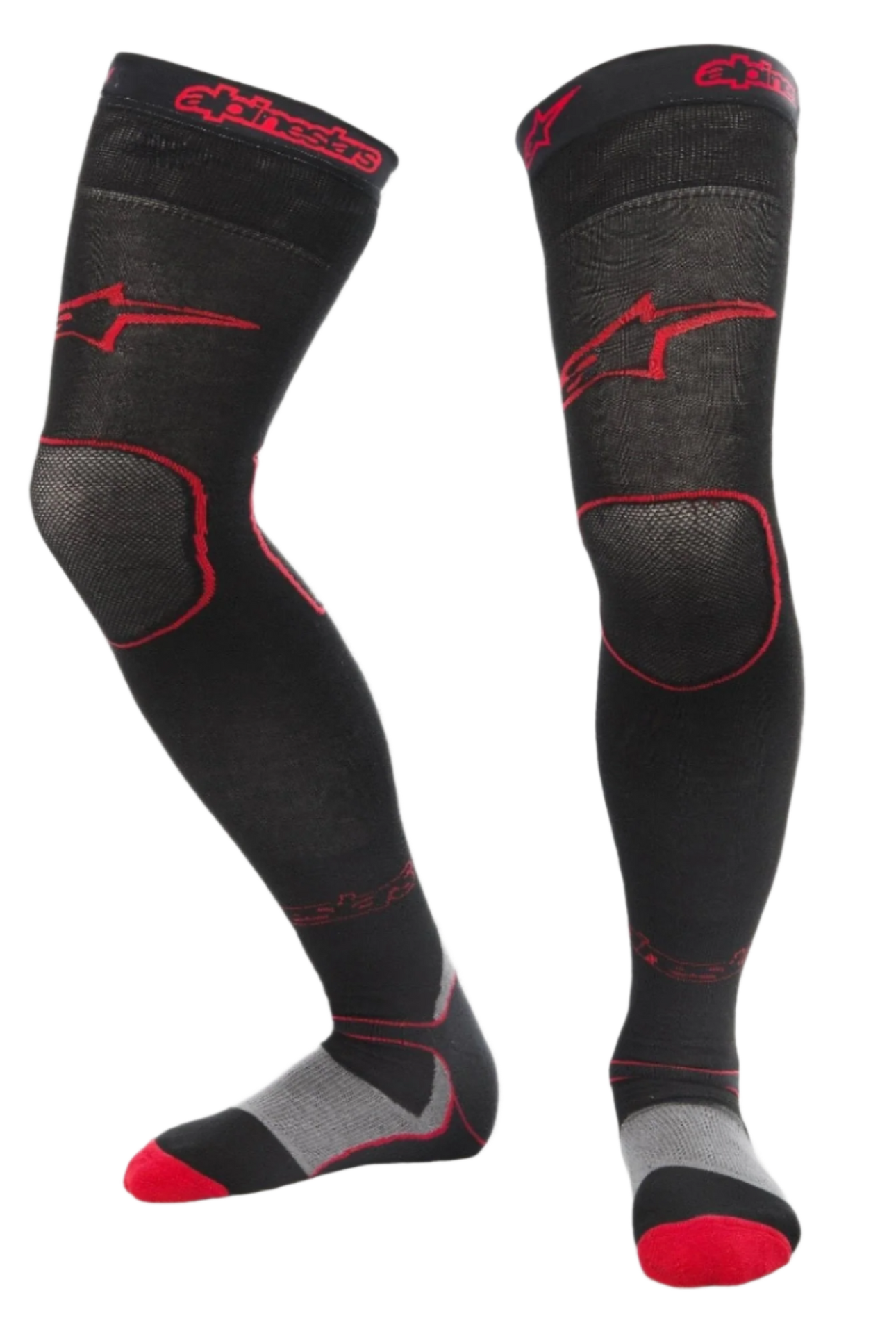 Alpinestars MX Long Tech Dicke Socken, Motocross-Fahrsocken, Schwarz und Rot, Oberschenkellänge mit rotem Branding, graue und rote Sohlendetails, technisches Gewebe für Offroad-Rennsport und Dirt-Bike-Stiefel