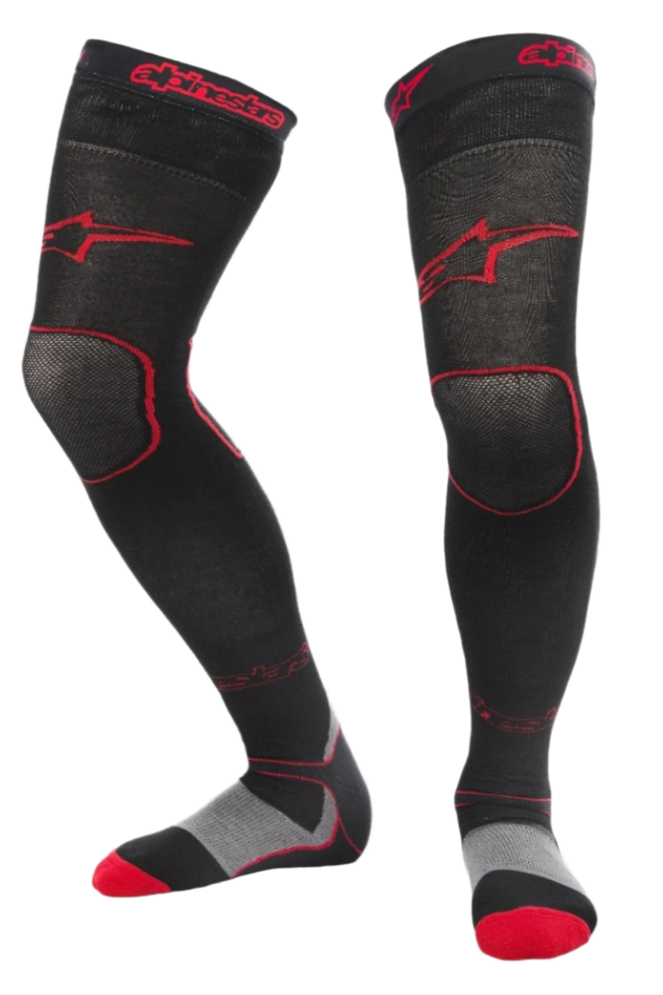 Alpinestars MX Long Tech Thick Socks, chaussettes de motocross, noir et rouge, longueur mi-cuisse avec logo rouge, détails gris et rouges sur la semelle, tissu technique conçu pour le tout-terrain et les bottes de motocross