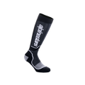 Alpinestars Youth MX Plus sokken, motorcross kniesokken, zwart en grijs, voorzien van wit Alpinestars-logo, geribbelde textuur met versterkte hiel en teen, ademende enkellaagse constructie voor off-road prestaties