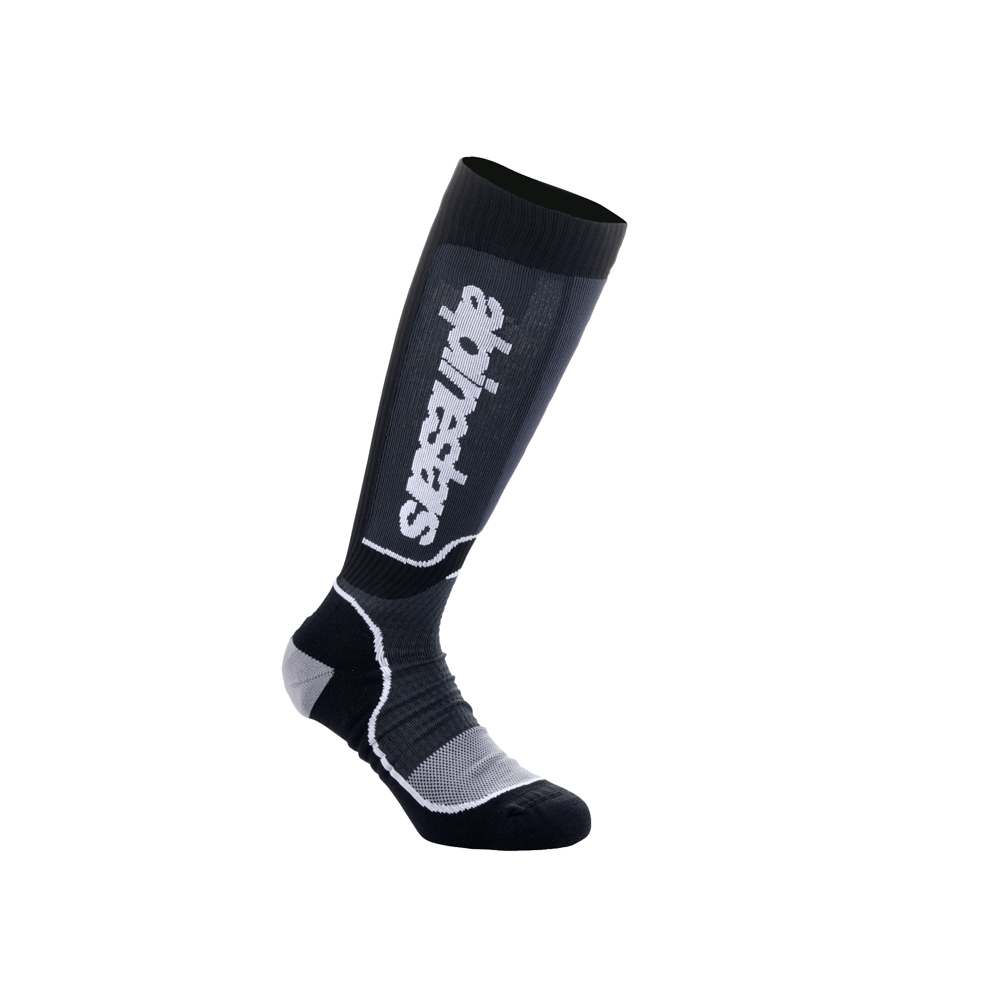 Alpinestars Youth MX Plus sokken, motorcross kniesokken, zwart en grijs, voorzien van wit Alpinestars-logo, geribbelde textuur met versterkte hiel en teen, ademende enkellaagse constructie voor off-road prestaties