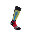 Chaussettes Alpinestars Youth MX Plus, chaussettes de motocross, noires avec des accents jaunes, rouges et bleu clair, longueur genou, construction côtelée et logo Alpinestars vertical sur le tibia