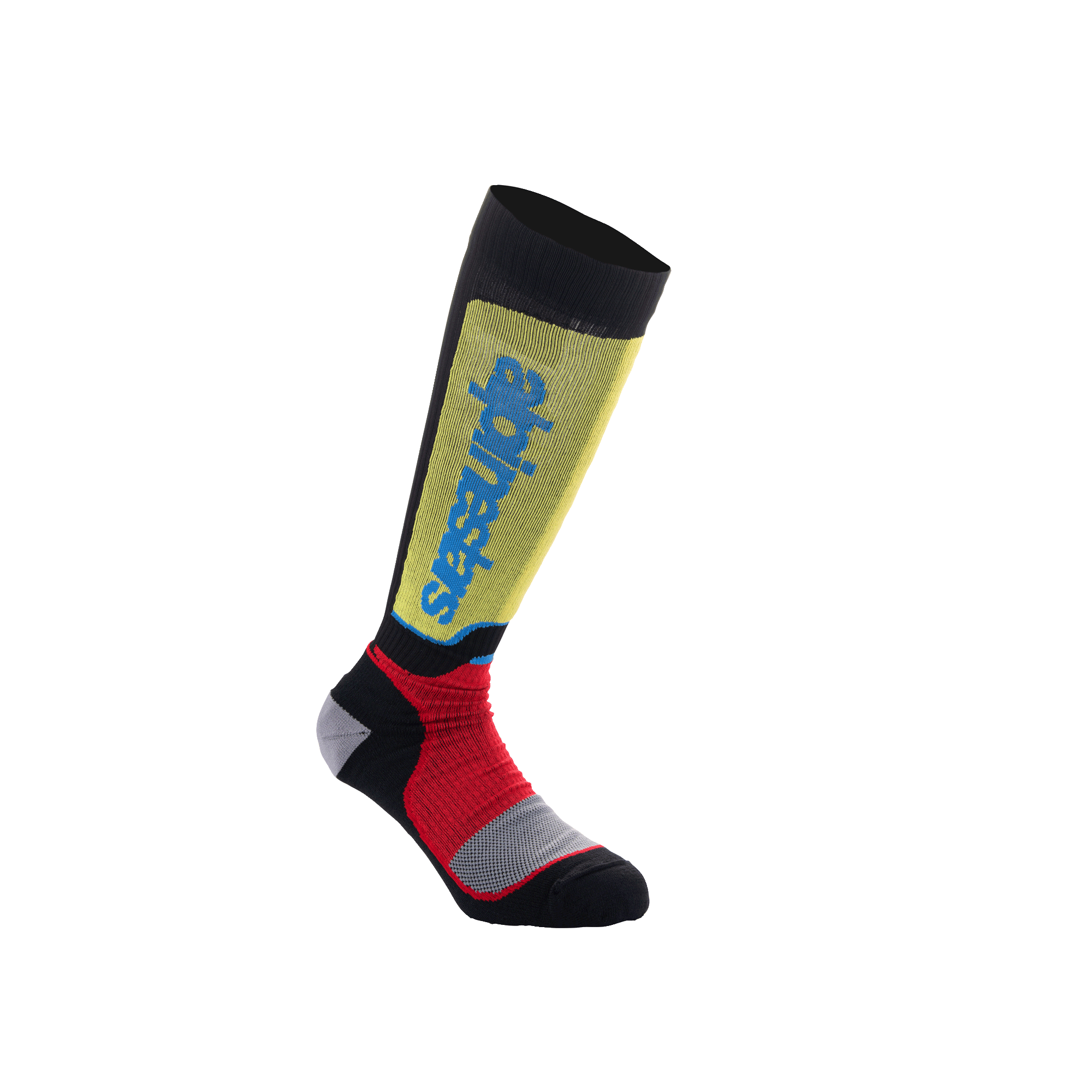 Alpinestars Youth MX Plus Socken, Motocross-Socken, Schwarz mit gelben, roten und hellblauen Akzenten, knielang, mit Rippenkonstruktion und vertikalem Alpinestars-Branding am Schienbein