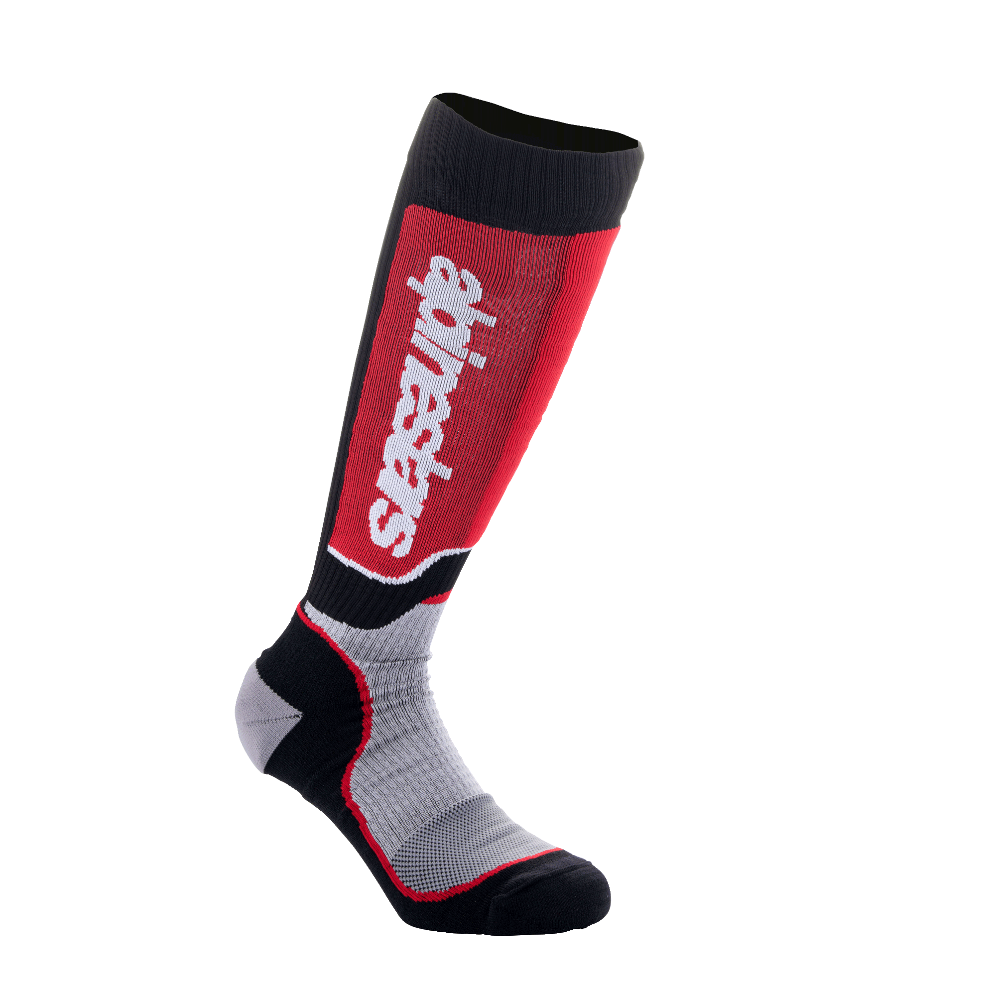 Alpinestars Youth MX Plus Socken, Motocross-Socken, Schwarz, Grau und Rot, mit vertikalem weißem Logo auf rotem Schienbein-Panel, technische einlagige Konstruktion mit atmungsaktiven Mesh-Zonen, entwickelt für Offroad-Motorradstiefel