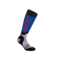 Alpinestars Youth MX Plus Socks, chaussettes de motocross hautes, noir, bleu roi et gris, avec un logo Alpinestars vertical rouge, coupe de compression nervurée avec talon et pointe renforcés, équipement de performance pour jeunes pilotes