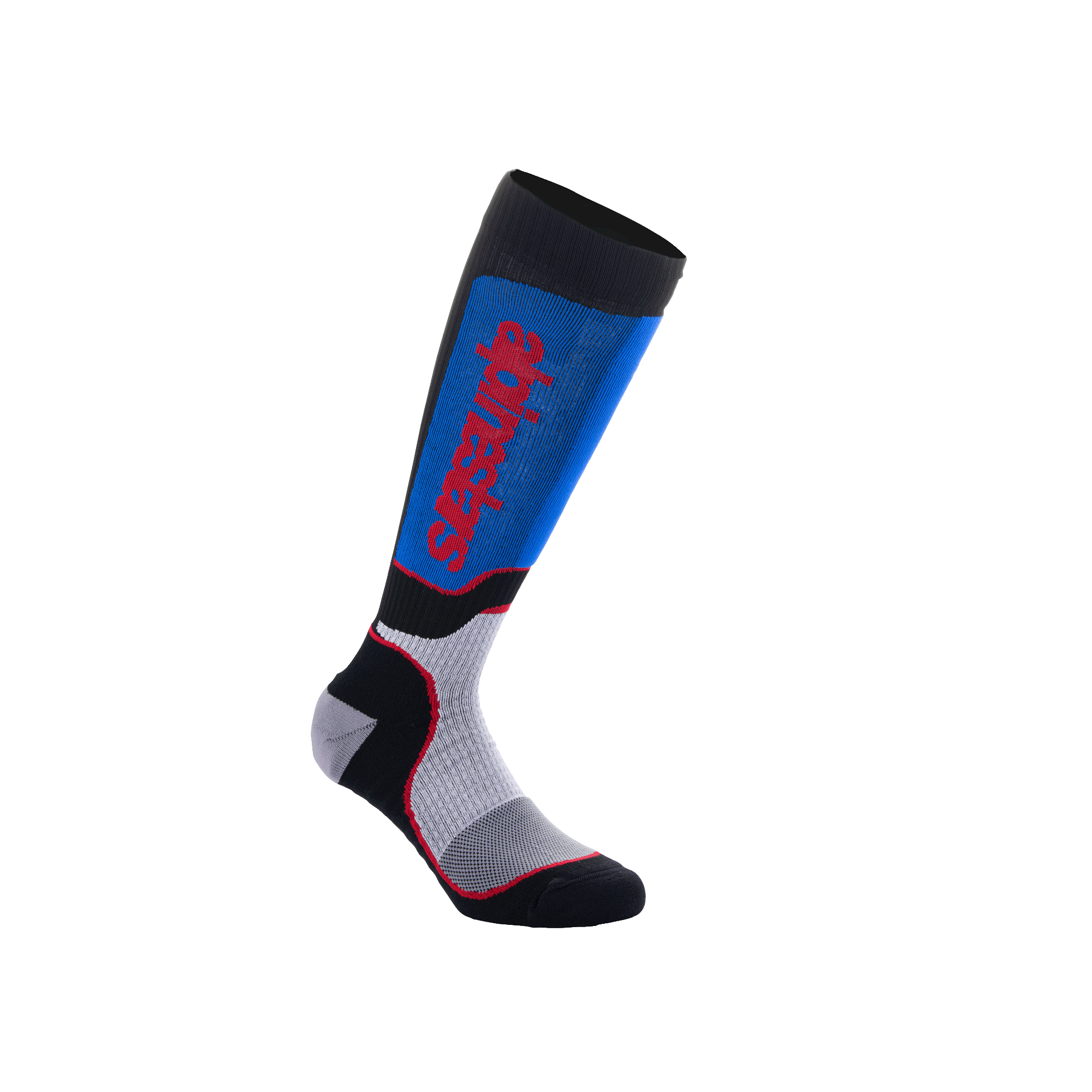 Alpinestars Youth MX Plus Socken, Motocross-Kniestrümpfe, Schwarz, Royalblau und Grau, mit vertikalem rotem Alpinestars-Logo, gerippte Kompressionspassform mit verstärktem Fersen- und Zehenbereich, Performance-Ausrüstung für junge Fahrer