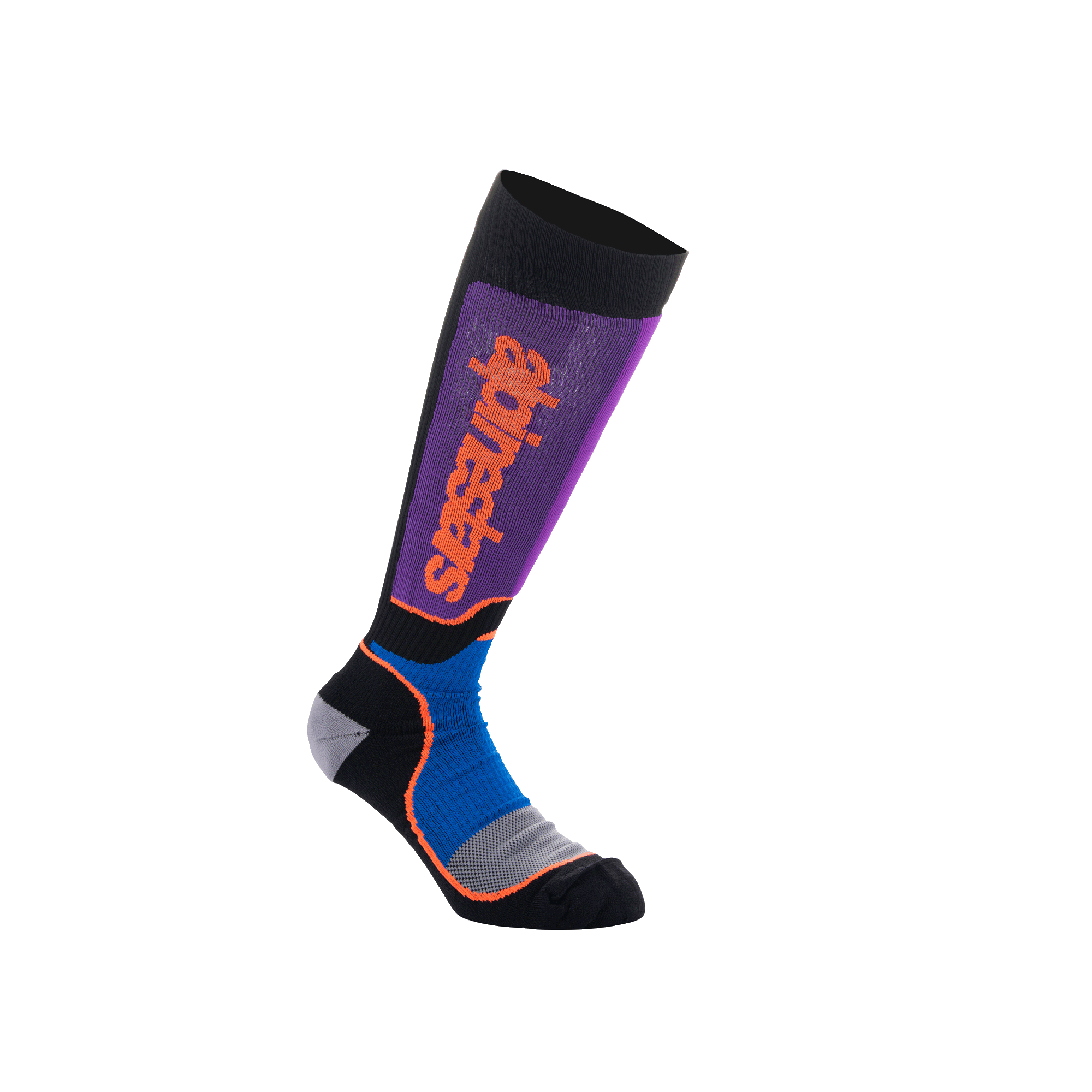 Alpinestars Youth MX Plus Socken, kniehohe Motocross-Socken, Schwarz, Königsblau und Lila mit orangefarbenem Branding, Rippenkonstruktion, verstärkte Ferse und Zehe für den Offroad-Einsatz