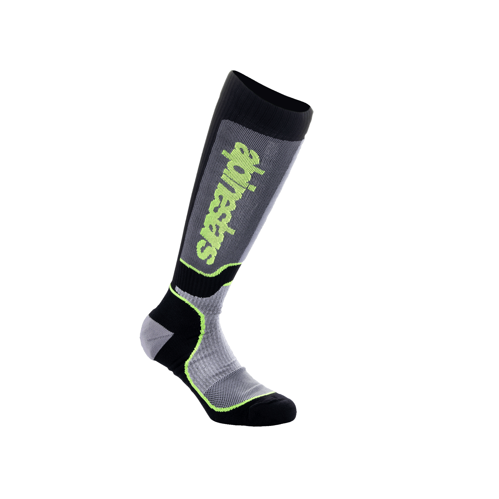 Alpinestars Youth MX Plus Socks, chaussettes de motocross, noir, gris et jaune fluo, design haute performance montant jusqu'au genou avec construction côtelée et logo Alpinestars, pour la course de moto tout-terrain