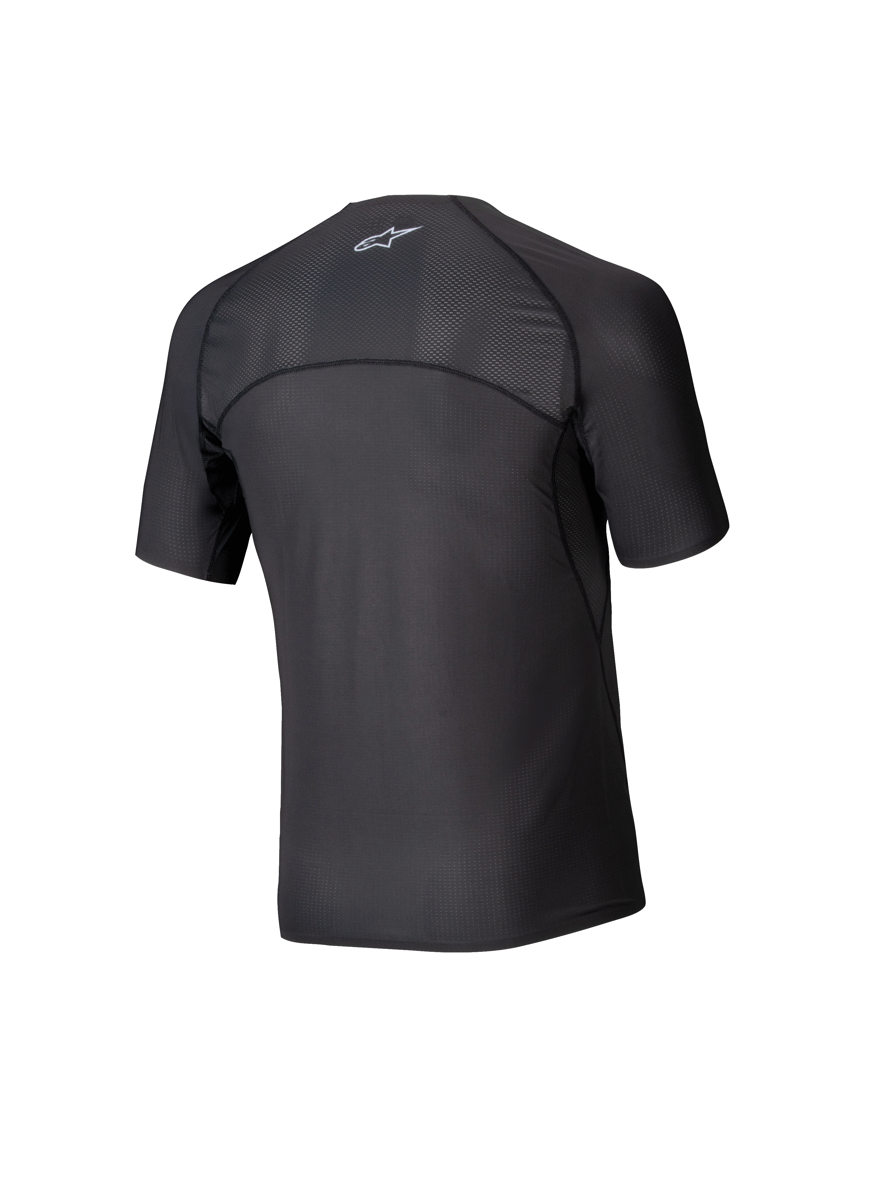 Alpinestars Tech KX Sim Top, couche de base de karting à manches courtes, noir, vue de dos montrant les panneaux en maille respirante sur les épaules et le haut du dos, coutures ergonomiques, tissu de performance évacuant l'humidité
