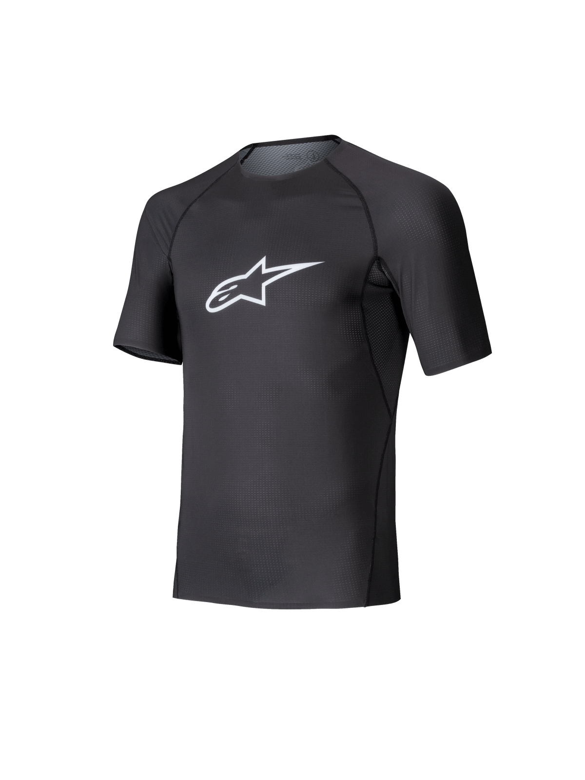Alpinestars Tech KX Sim Top, korte mouwen karting basislaag, zwart met wit Astars-logo op de borst, ademende stretch mesh constructie, ergonomische pasvorm voor karting en simracen