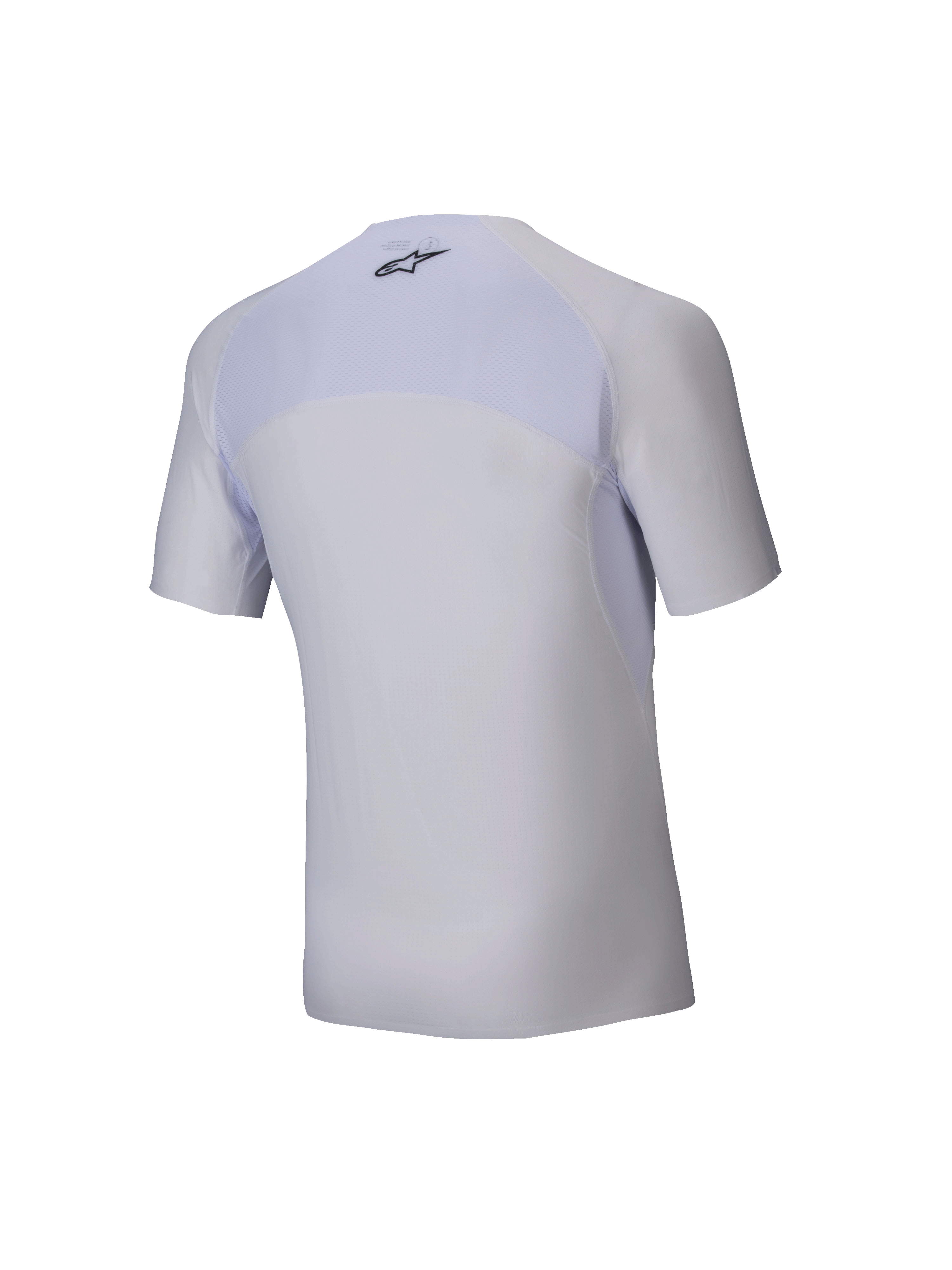 Alpinestars Tech KX Sim Top - Manches courtes, couche de base de karting blanche, vue arrière, comprend un panneau supérieur arrière en maille respirante, logo Alpinestars noir à l'encolure, matériau extensible ergonomique pour la performance en course