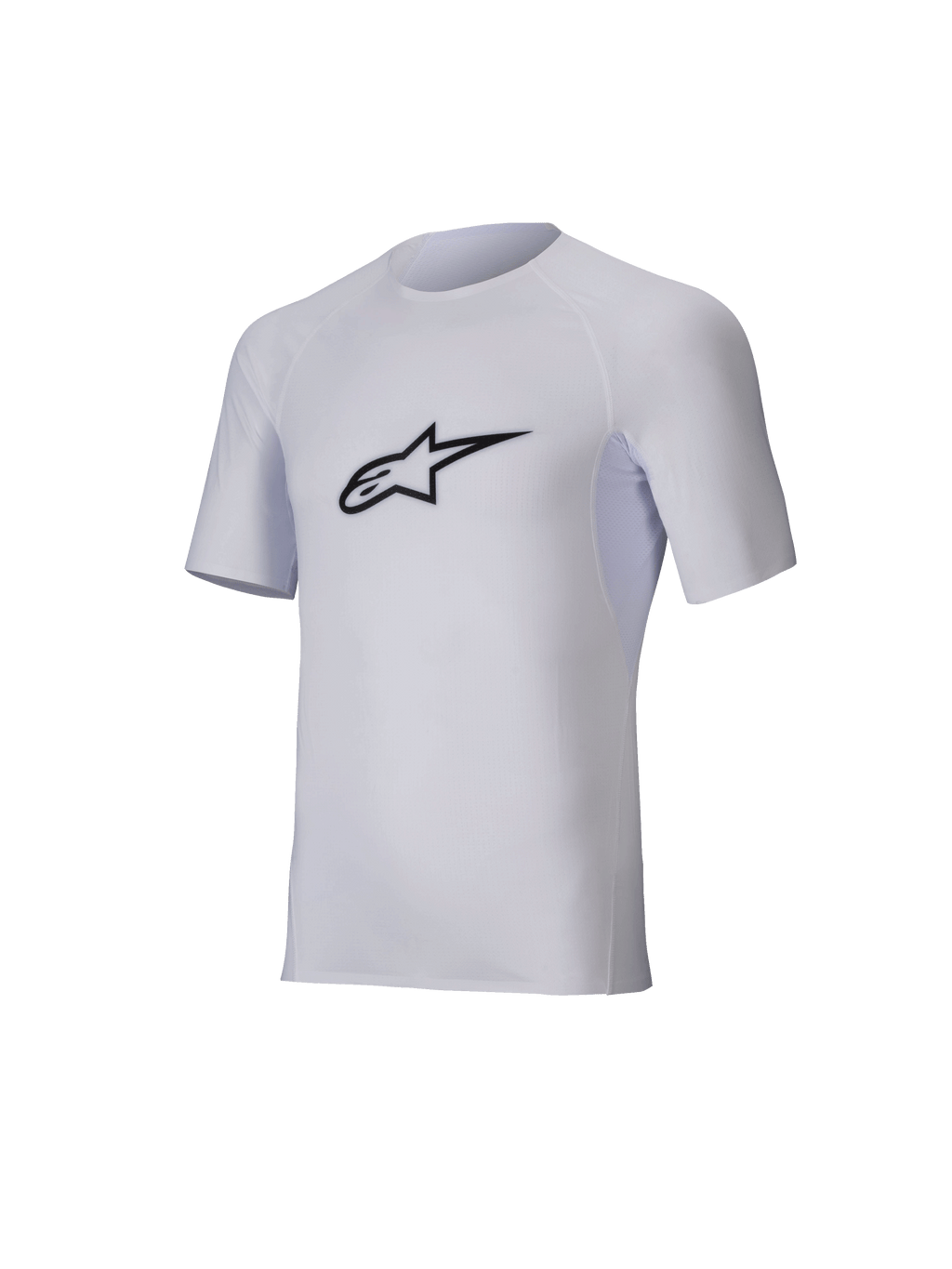 Alpinestars Tech KX Sim Top, couche de base de karting à manches courtes, blanc, logo Astar noir sur la poitrine, maille extensible légère avec coupes ergonomiques, équipement de performance technique