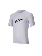 Alpinestars Tech KX Sim Top, couche de base de karting à manches courtes, blanc, logo Astar noir sur la poitrine, maille extensible légère avec coupes ergonomiques, équipement de performance technique