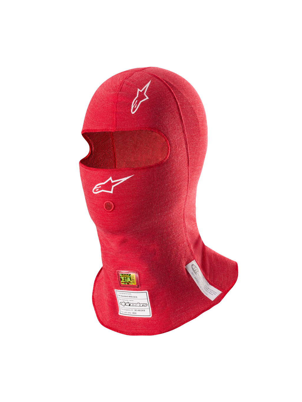 Alpinestars ZX Evo V3 Bivakmuts, rood, vlamvertragende auto race hoofdbescherming, met witte Astars logo's, opening voor hydratatiebuis en FIA- en SFI-certificeringslabels aan de onderkant.