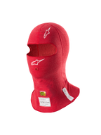 Alpinestars ZX Evo V3 Bivakmuts, rood, vlamvertragende auto race hoofdbescherming, met witte Astars logo's, opening voor hydratatiebuis en FIA- en SFI-certificeringslabels aan de onderkant.