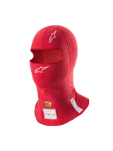 Alpinestars ZX Evo V3 Balaclava, Red, Flame-Resistant Auto Racing Head Layer, featuring white Astars logos, hydration tube opening, and FIA and SFI certification labels on the bottom edge.