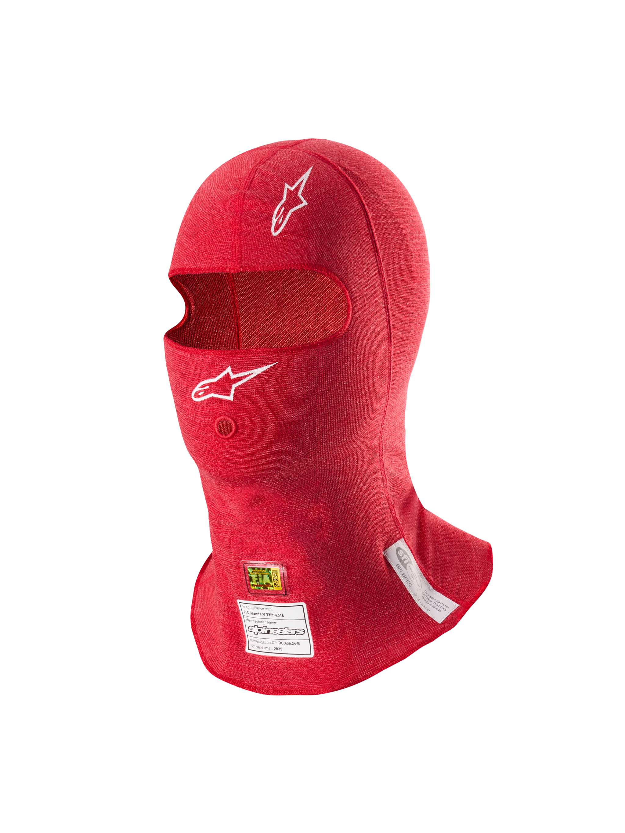 Alpinestars ZX Evo V3 Balaclava, Red, Flame-Resistant Auto Racing Head Layer, featuring white Astars logos, hydration tube opening, and FIA and SFI certification labels on the bottom edge.