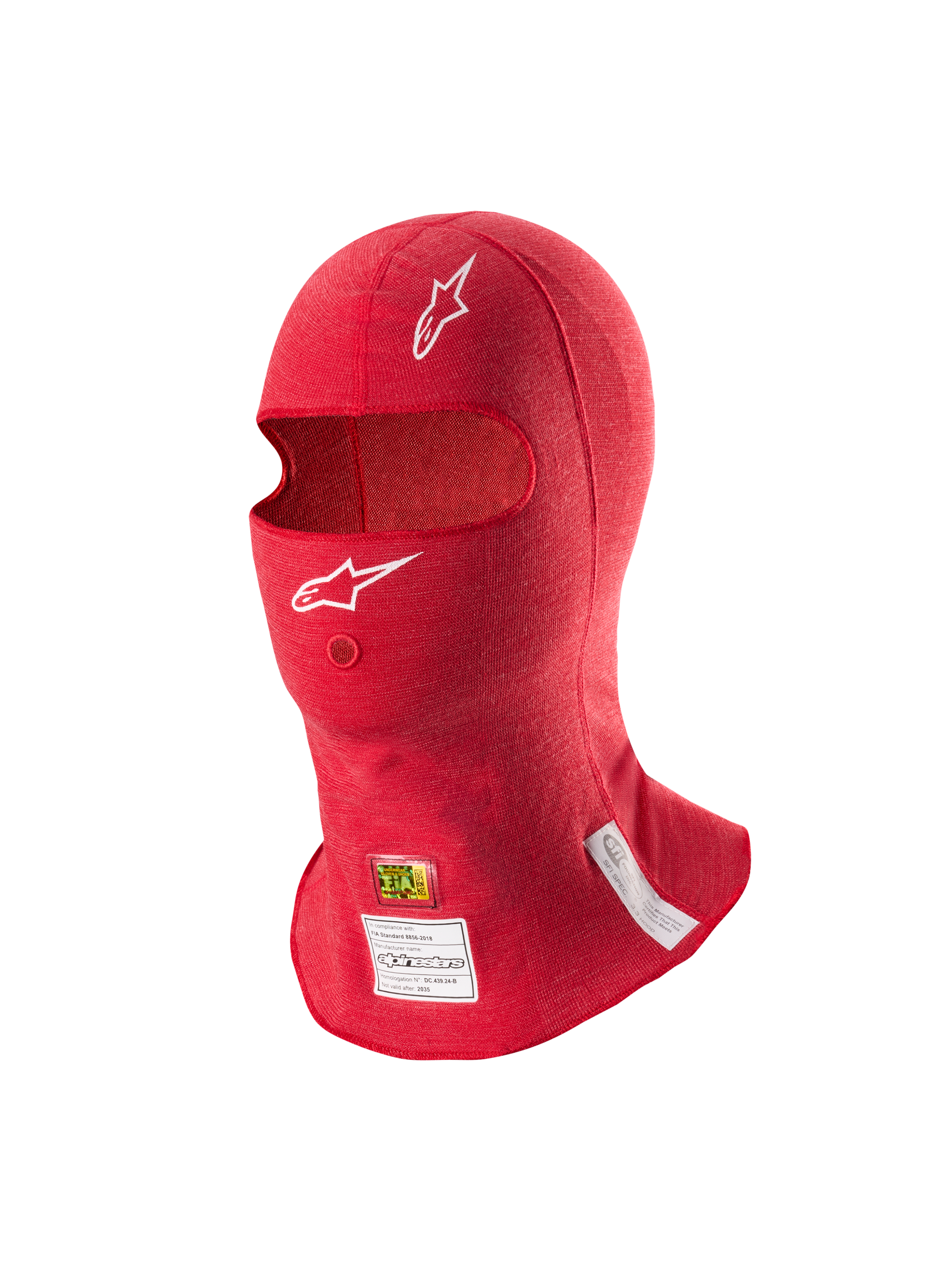 Alpinestars ZX Evo V3 Bivakmuts, rood, vlamvertragende auto race hoofdbescherming, met witte Astars logo's, opening voor hydratatiebuis en FIA- en SFI-certificeringslabels aan de onderkant.