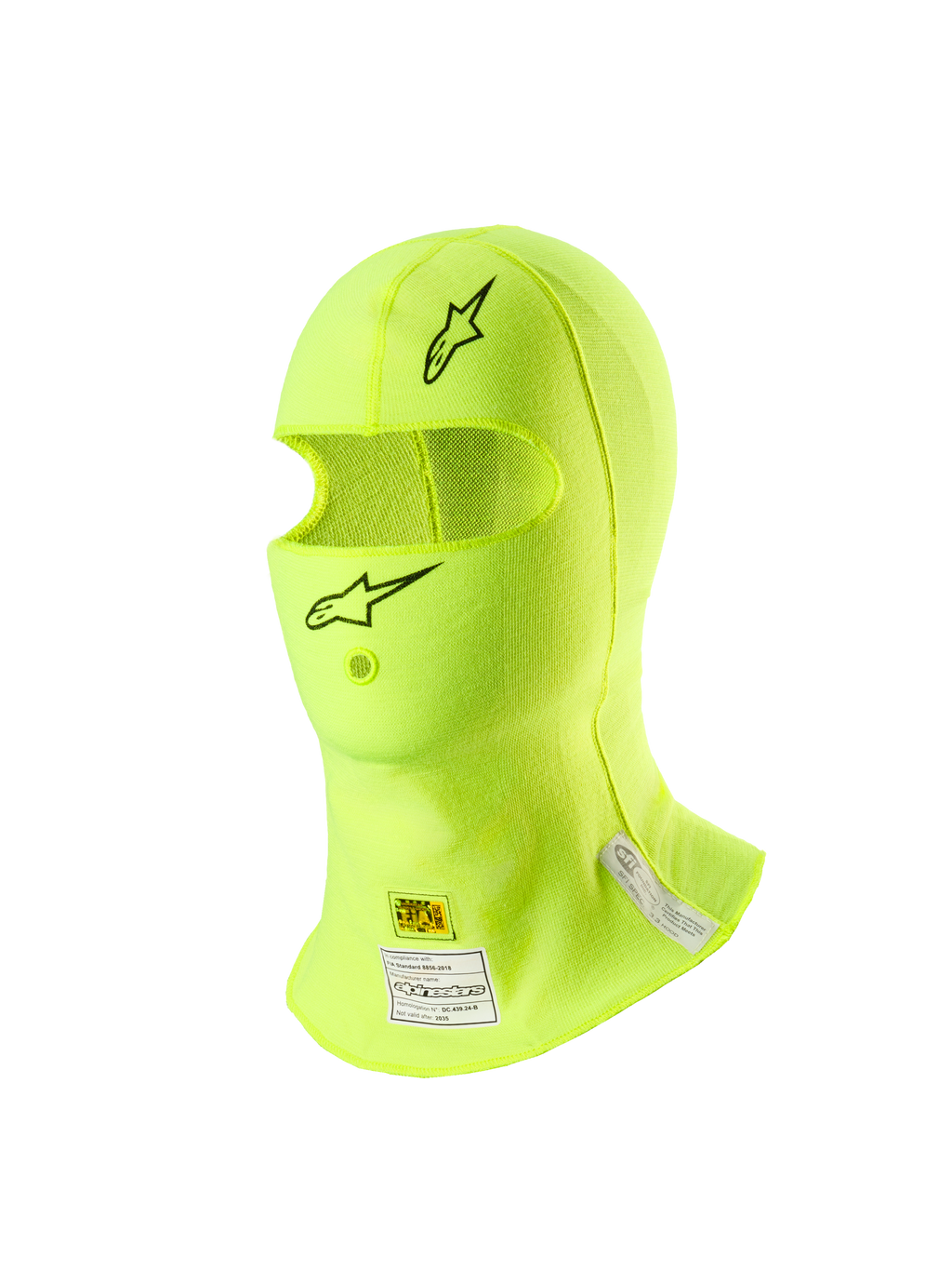 Alpinestars ZX Evo V3 Bivakmuts, autosport hoofdbescherming, fluorgeel, met zwarte sterlogo's op het voorhoofd en de kin, FIA- en SFI-certificeringslabels in de nek, lichtgewicht vlamvertragend materiaal met een opening voor een hydratatieslang