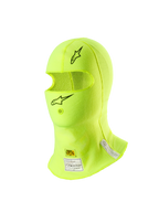 Alpinestars ZX Evo V3 Bivakmuts, autosport hoofdbescherming, fluorgeel, met zwarte sterlogo's op het voorhoofd en de kin, FIA- en SFI-certificeringslabels in de nek, lichtgewicht vlamvertragend materiaal met een opening voor een hydratatieslang