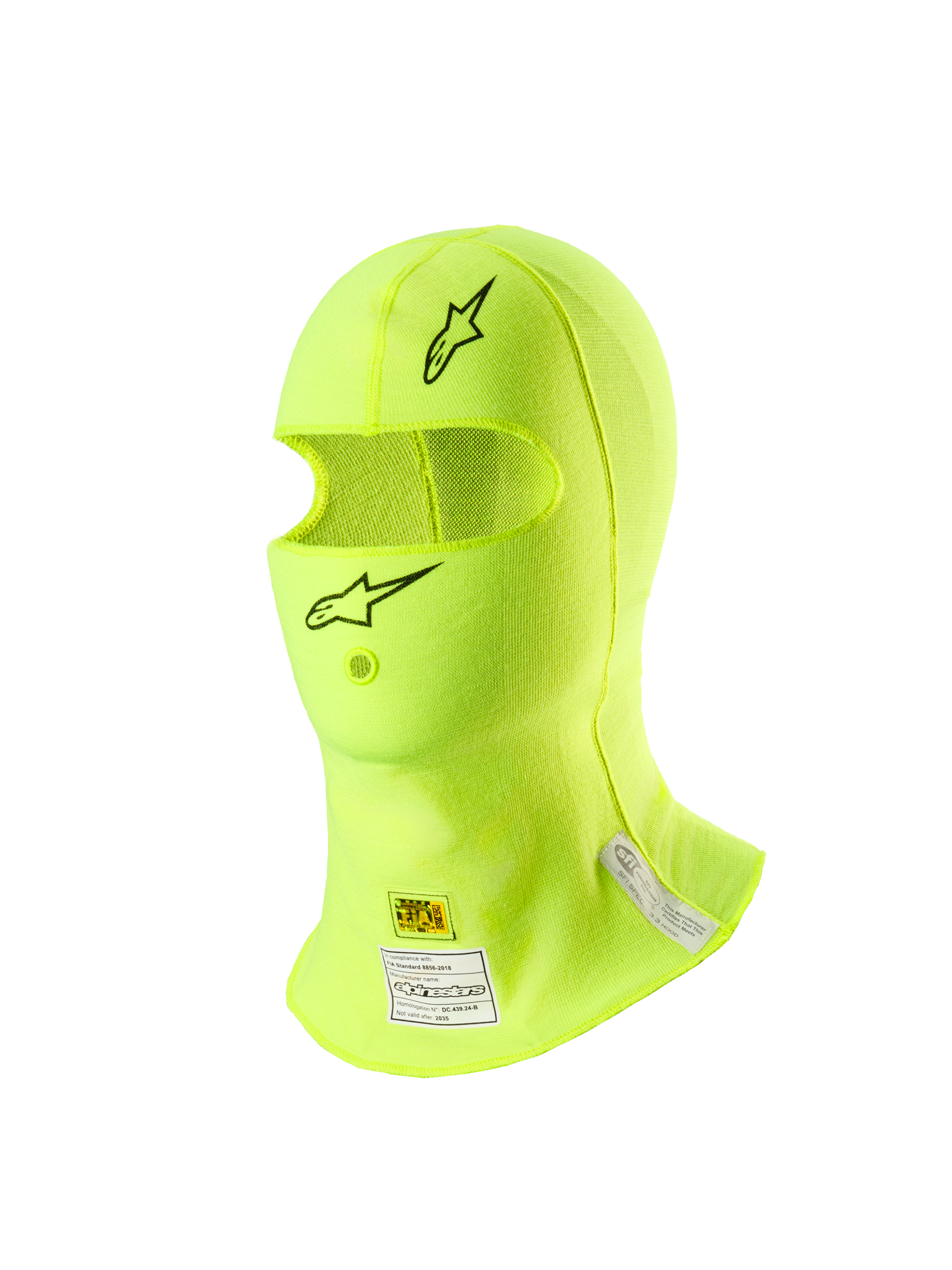 Alpinestars ZX Evo V3 Bivakmuts, autosport hoofdbescherming, fluorgeel, met zwarte sterlogo's op het voorhoofd en de kin, FIA- en SFI-certificeringslabels in de nek, lichtgewicht vlamvertragend materiaal met een opening voor een hydratatieslang