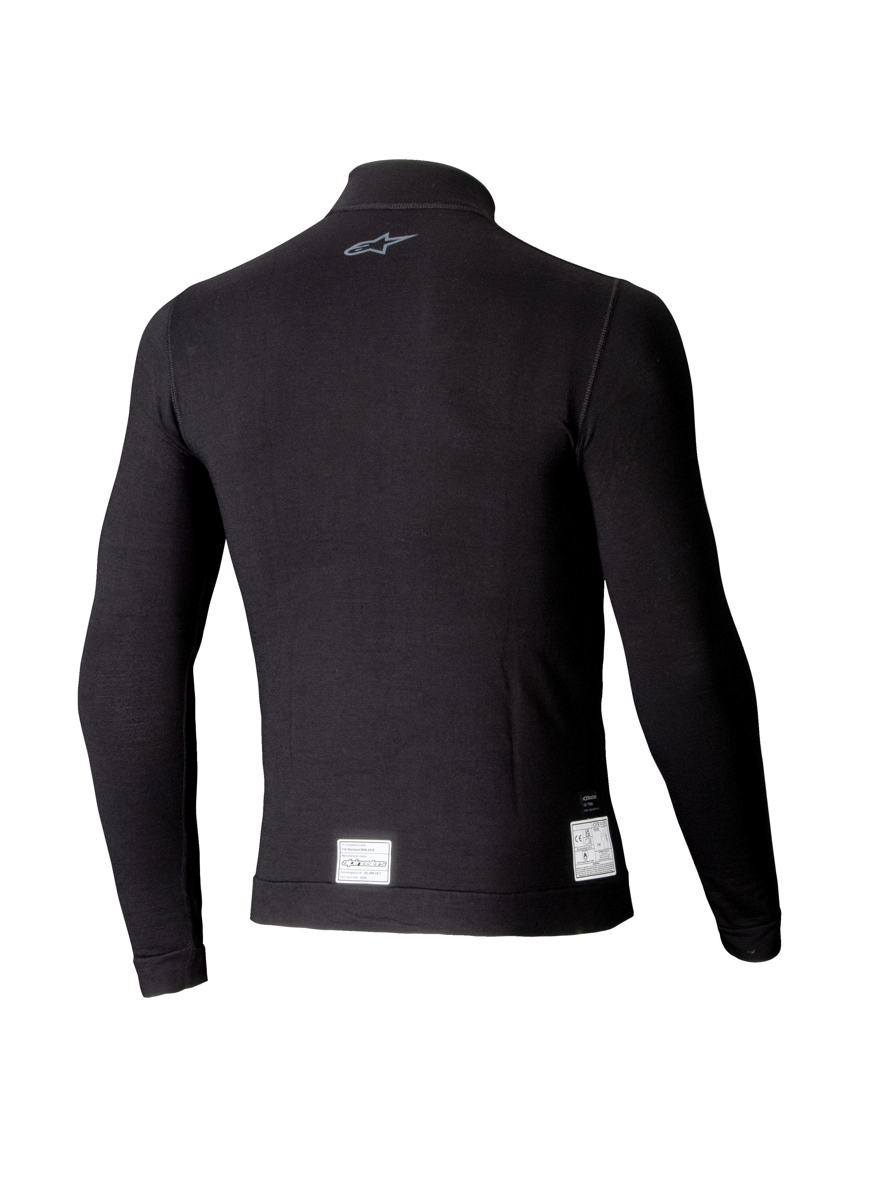Haut à manches longues Alpinestars ZX Evo V3, sous-vêtement technique de course automobile noir, vue de dos avec un petit logo gris sur la nuque et des étiquettes de certification FIA/SFI blanches sur l'ourlet inférieur, conception légère et résistante aux flammes.