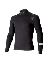 Haut Alpinestars ZX Evo V3, sous-vêtement technique de sport automobile à manches longues, noir, avec col montant orné du logo Alpinestars, graphismes sur les épaules et étiquette de certification SFI sur la manche, sous-vêtement de sport automobile professionnel ignifugé