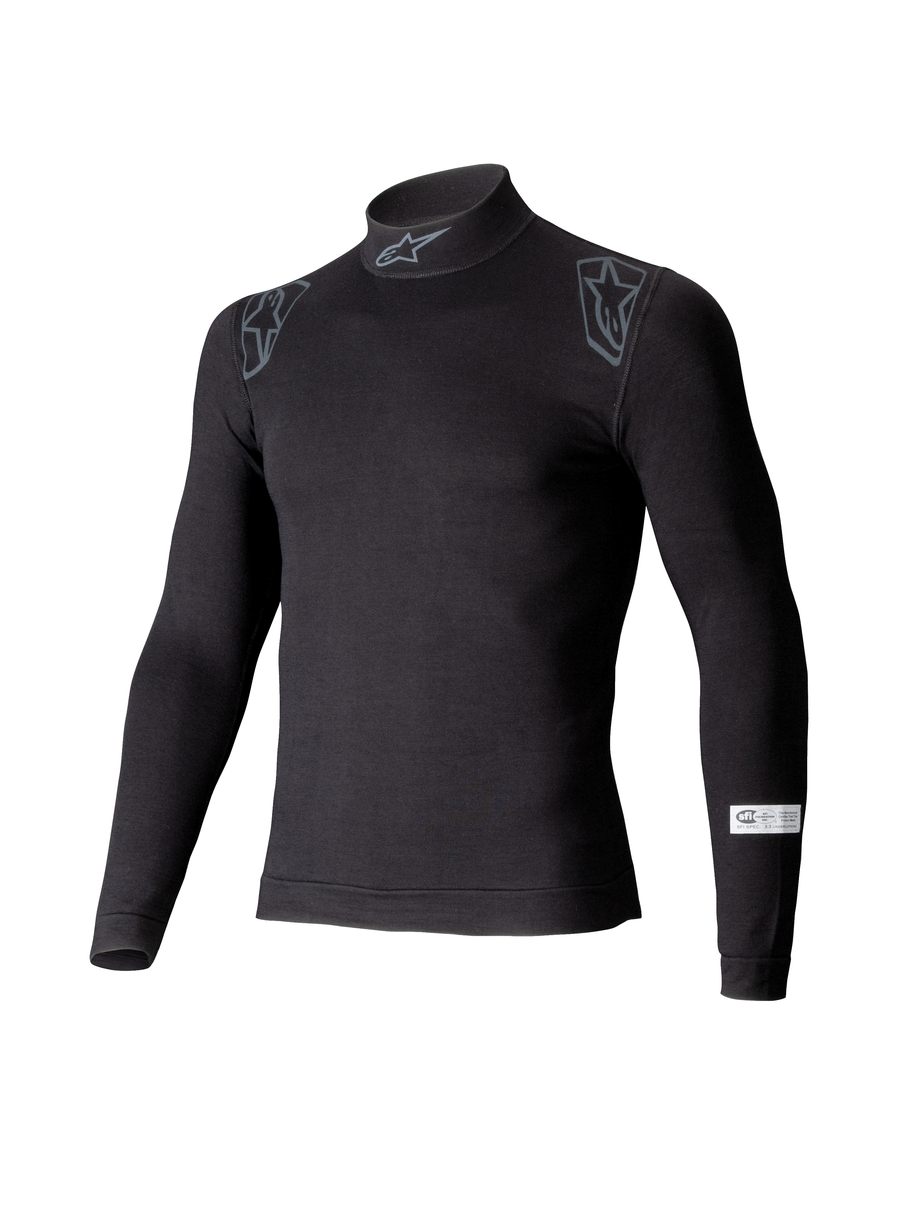 Haut Alpinestars ZX Evo V3, sous-vêtement technique de sport automobile à manches longues, noir, avec col montant orné du logo Alpinestars, graphismes sur les épaules et étiquette de certification SFI sur la manche, sous-vêtement de sport automobile professionnel ignifugé