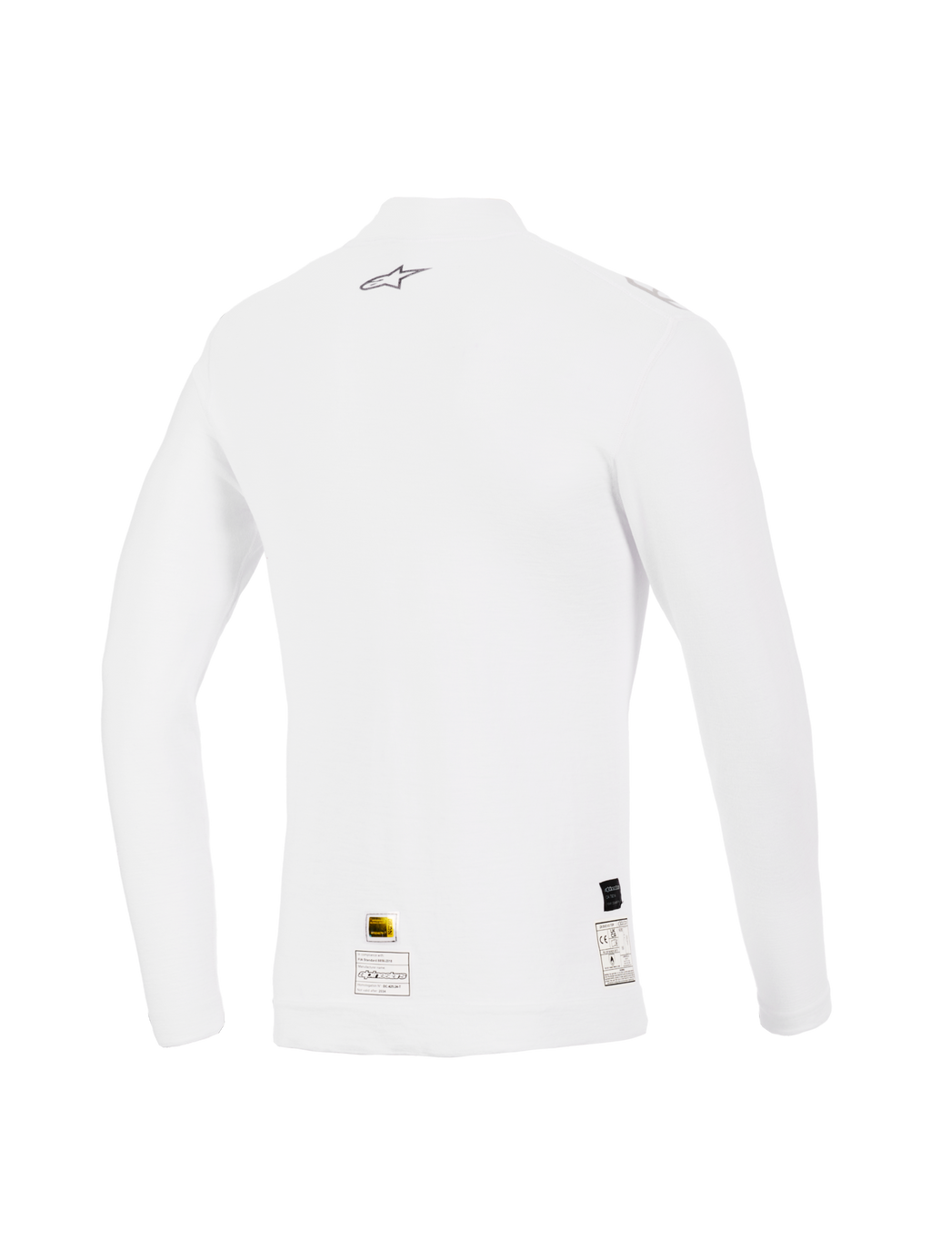 Alpinestars ZX Evo V3 Top met lange mouwen, wit, achteraanzicht, vlambestendige baselayer voor autoracen, voorzien van een klein grijs Alpinestars-logo op de bovenrug en certificeringslabels bij de zoom, performance-pasvorm met zachte textuur