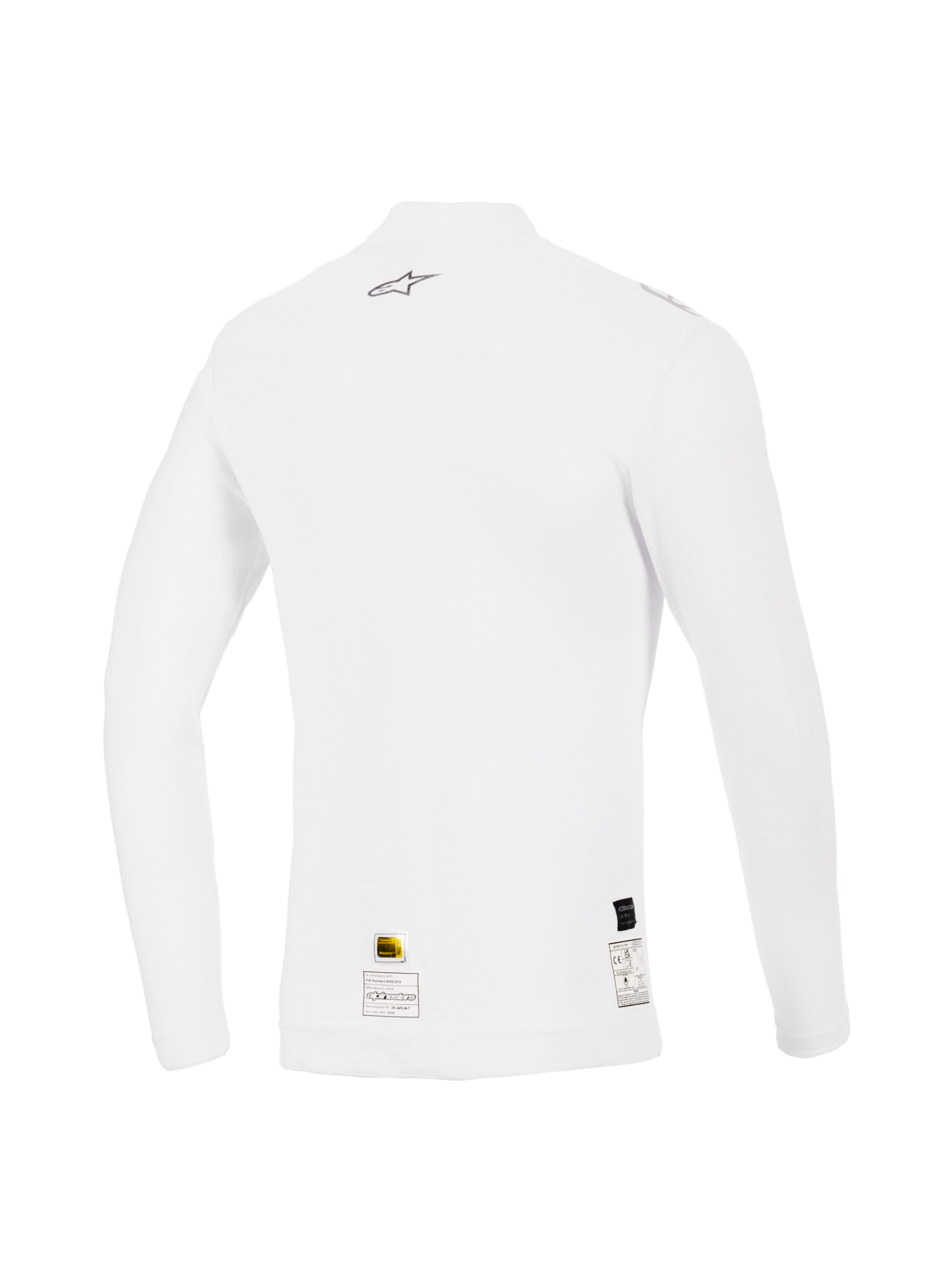 Alpinestars ZX Evo V3 Top met lange mouwen, wit, achteraanzicht, vlambestendige baselayer voor autoracen, voorzien van een klein grijs Alpinestars-logo op de bovenrug en certificeringslabels bij de zoom, performance-pasvorm met zachte textuur