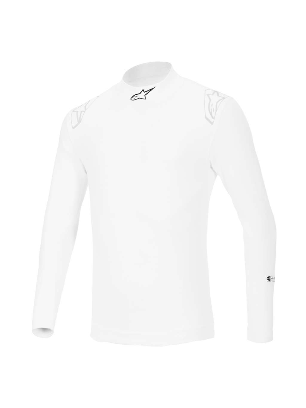 Alpinestars ZX Evo V3 Top met lange mouwen, witte auto racing baselayer, vlamvertragend ontwerp met een zwart sterlogo op de kraag en subtiele witte logo's op de schouders, professionele motorsportuitrusting