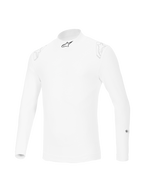 Alpinestars ZX Evo V3 Top met lange mouwen, witte auto racing baselayer, vlamvertragend ontwerp met een zwart sterlogo op de kraag en subtiele witte logo's op de schouders, professionele motorsportuitrusting