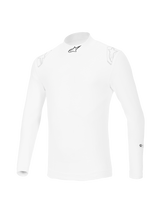 Alpinestars ZX Evo V3 Langarm-Top, weißer Auto-Rennsport Base Layer, flammhemmendes Design mit schwarzem Stern-Logo am Kragen und dezenten weißen Logos auf den Schultern, professionelle Motorsport-Ausrüstung.