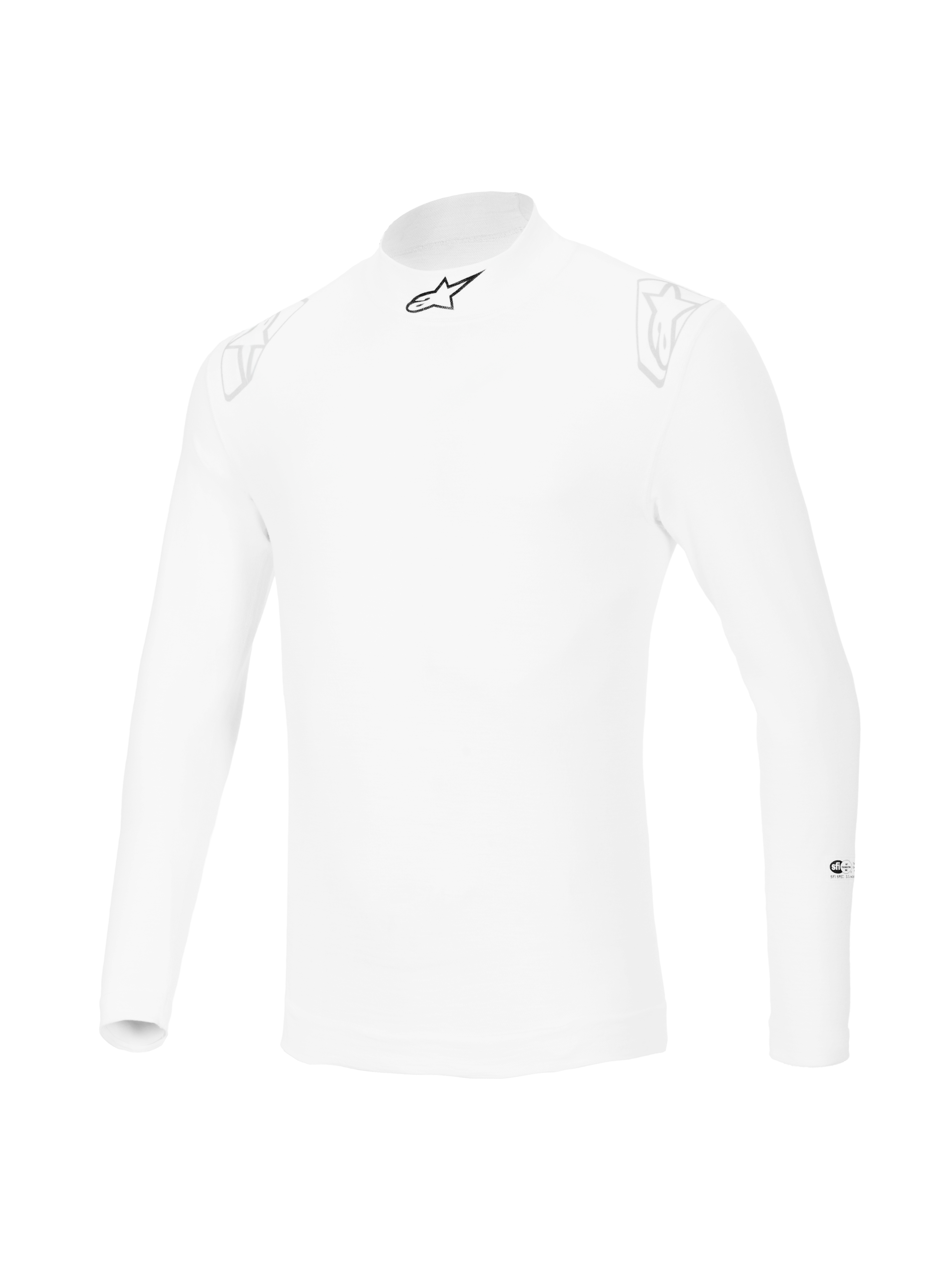 Alpinestars ZX Evo V3 Top met lange mouwen, witte auto racing baselayer, vlamvertragend ontwerp met een zwart sterlogo op de kraag en subtiele witte logo's op de schouders, professionele motorsportuitrusting