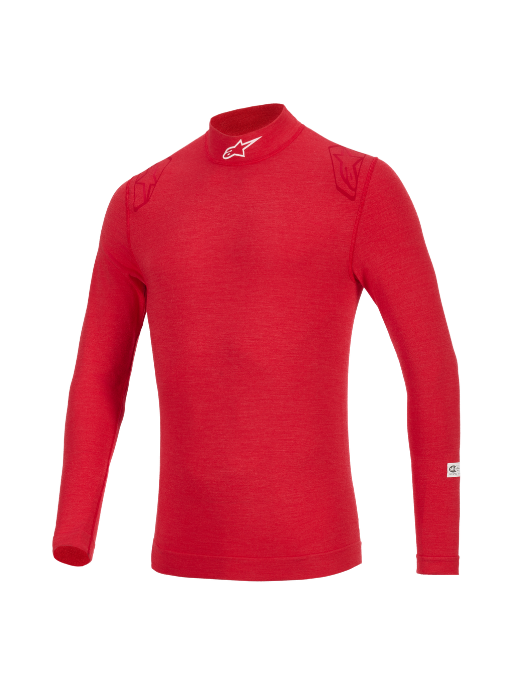 Alpinestars ZX Evo V3 Langarm-Top, rote flammhemmende Auto-Rennsport-Funktionsunterwäsche, hoher Kragen mit weißem Logo, tonale rote Schulterdetails, leichtes technisches Material für professionellen Fahrerschutz.