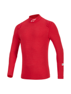 Alpinestars ZX Evo V3 Langarm-Top, rote flammhemmende Auto-Rennsport-Funktionsunterwäsche, hoher Kragen mit weißem Logo, tonale rote Schulterdetails, leichtes technisches Material für professionellen Fahrerschutz.