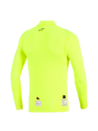 Alpinestars ZX Evo V3 Long Sleeve Top, Back View, Yellow Fluo, fluorescent yellow flame-resistant base layer with black star logo on upper back and certification labels at the hem, technical motorsport apparel