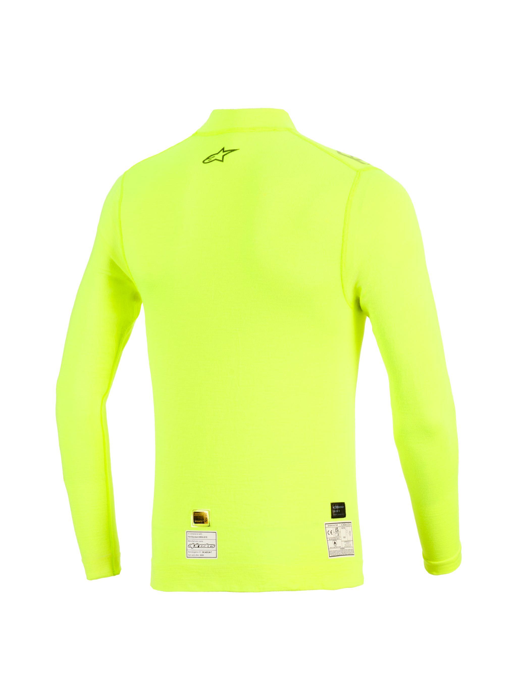 Haut à manches longues Alpinestars ZX Evo V3, vue arrière, jaune fluo, sous-couche jaune fluorescent résistante aux flammes avec logo étoile noir sur le haut du dos et étiquettes d'homologation à l'ourlet, vêtement technique de sport automobile