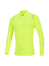 Haut Alpinestars ZX Evo V3, sous-couche à manches longues, jaune fluo, doté d'un col montant avec logo noir, motifs d'étoiles sur les épaules et étiquettes de certification FIA/SFI sur la manche, sous-vêtement technique de sport automobile ignifugé.