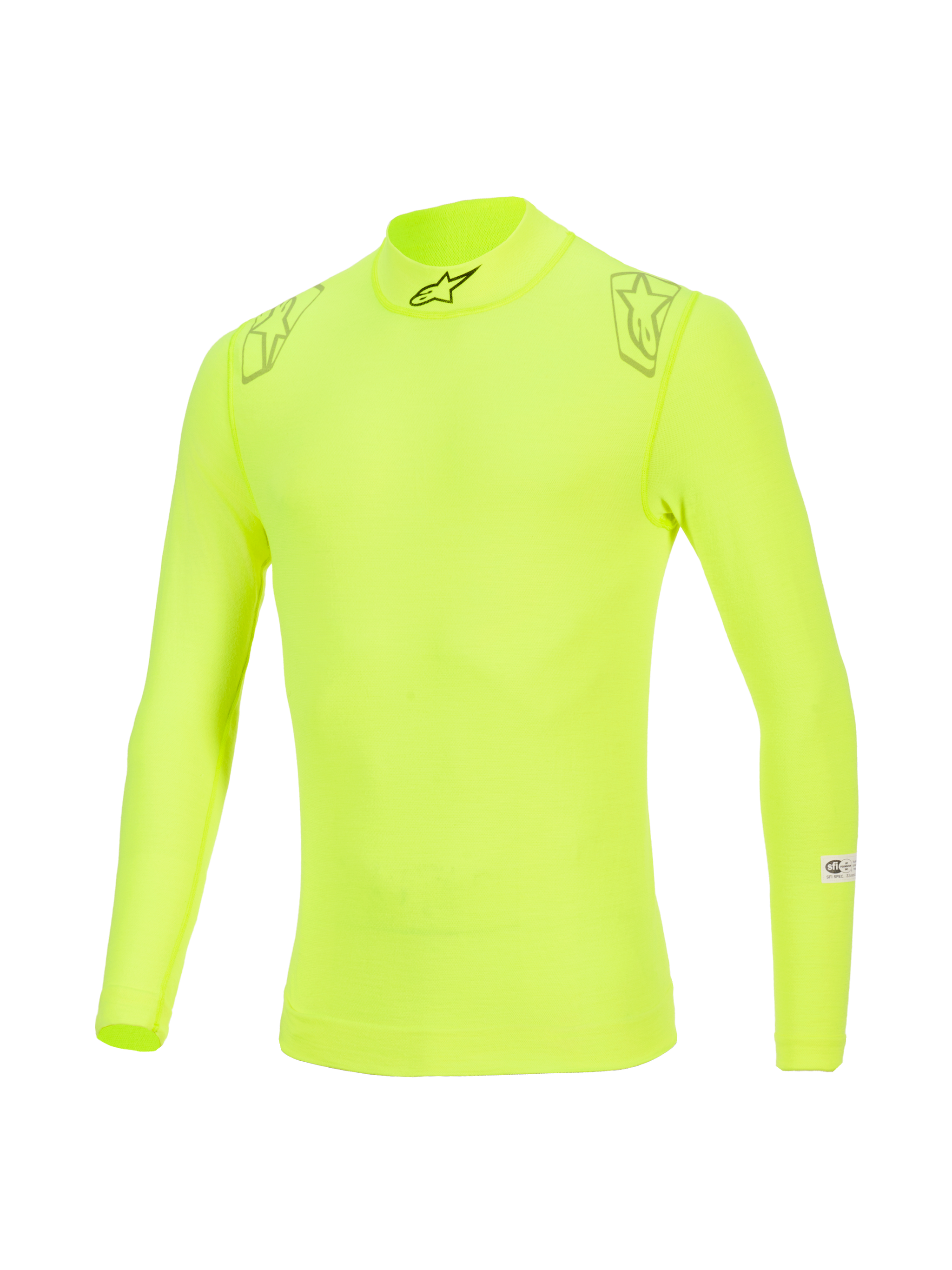 Haut Alpinestars ZX Evo V3, sous-couche à manches longues, jaune fluo, doté d'un col montant avec logo noir, motifs d'étoiles sur les épaules et étiquettes de certification FIA/SFI sur la manche, sous-vêtement technique de sport automobile ignifugé.