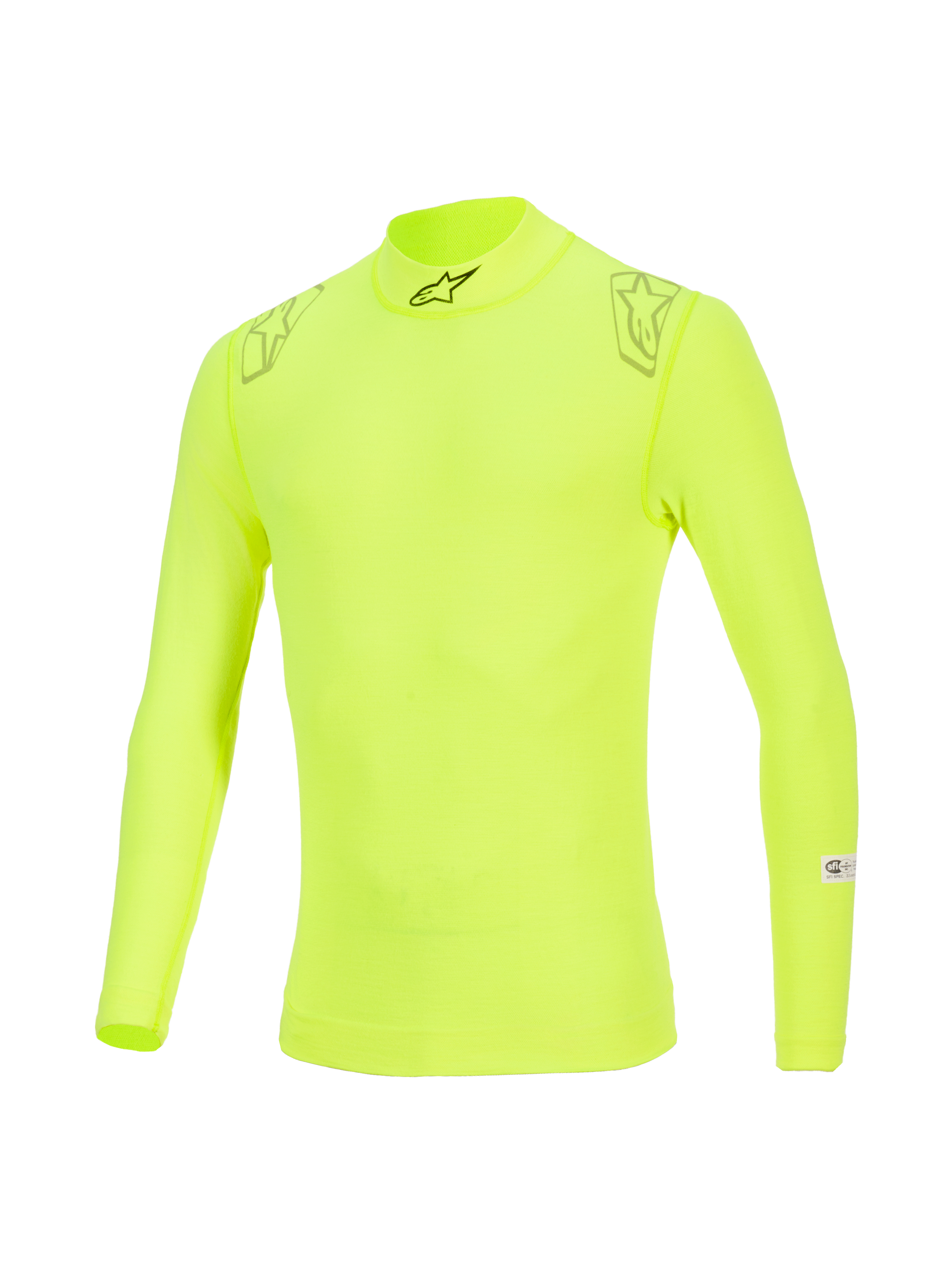 Alpinestars ZX Evo V3 Top, Long Sleeve Base Layer, Yellow Fluo, featuring a high collar with black logo, star graphics on shoulders, and FIA/SFI certification labels on the sleeve, technical flame-resistant motorsport underwear.